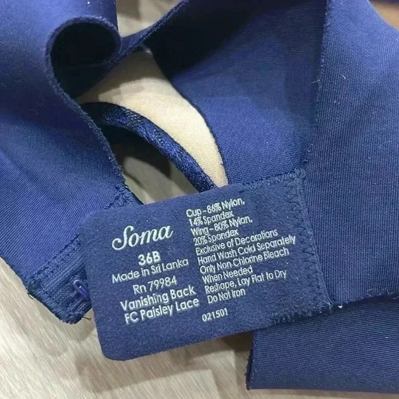 Soma Vanishing Back Blue Paisley Lace Full Coverage Underwire Bra Size 36 B - Picture 8 of 8